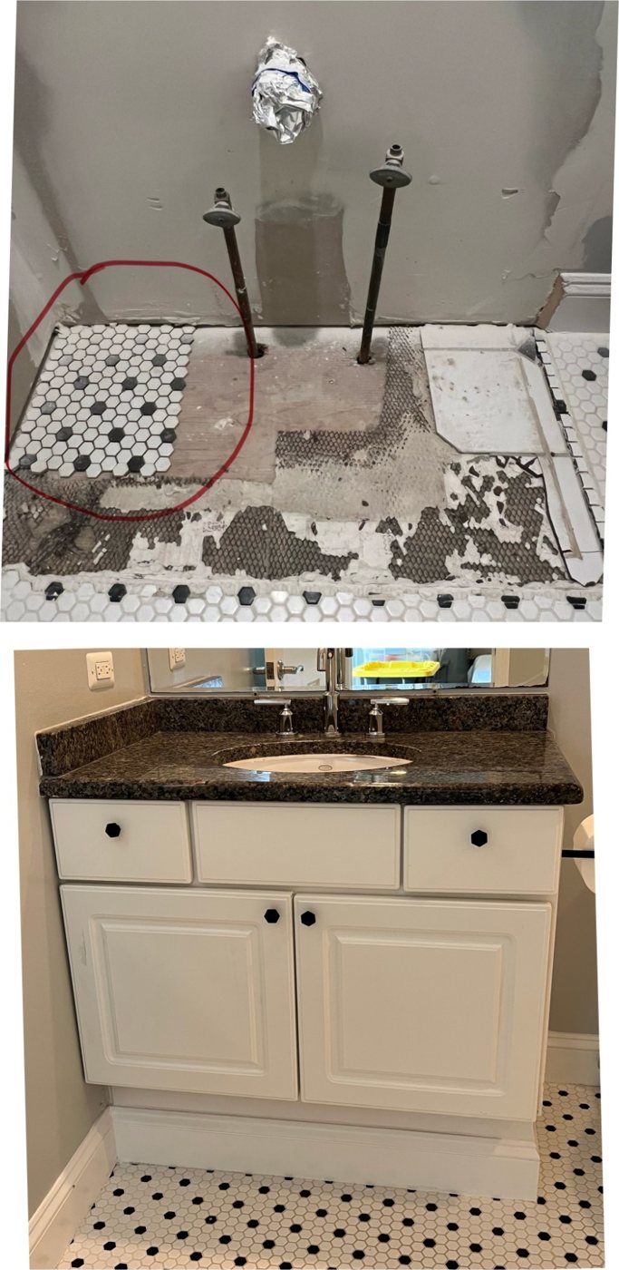 Bathroom floor tile repaired and new vanity installed