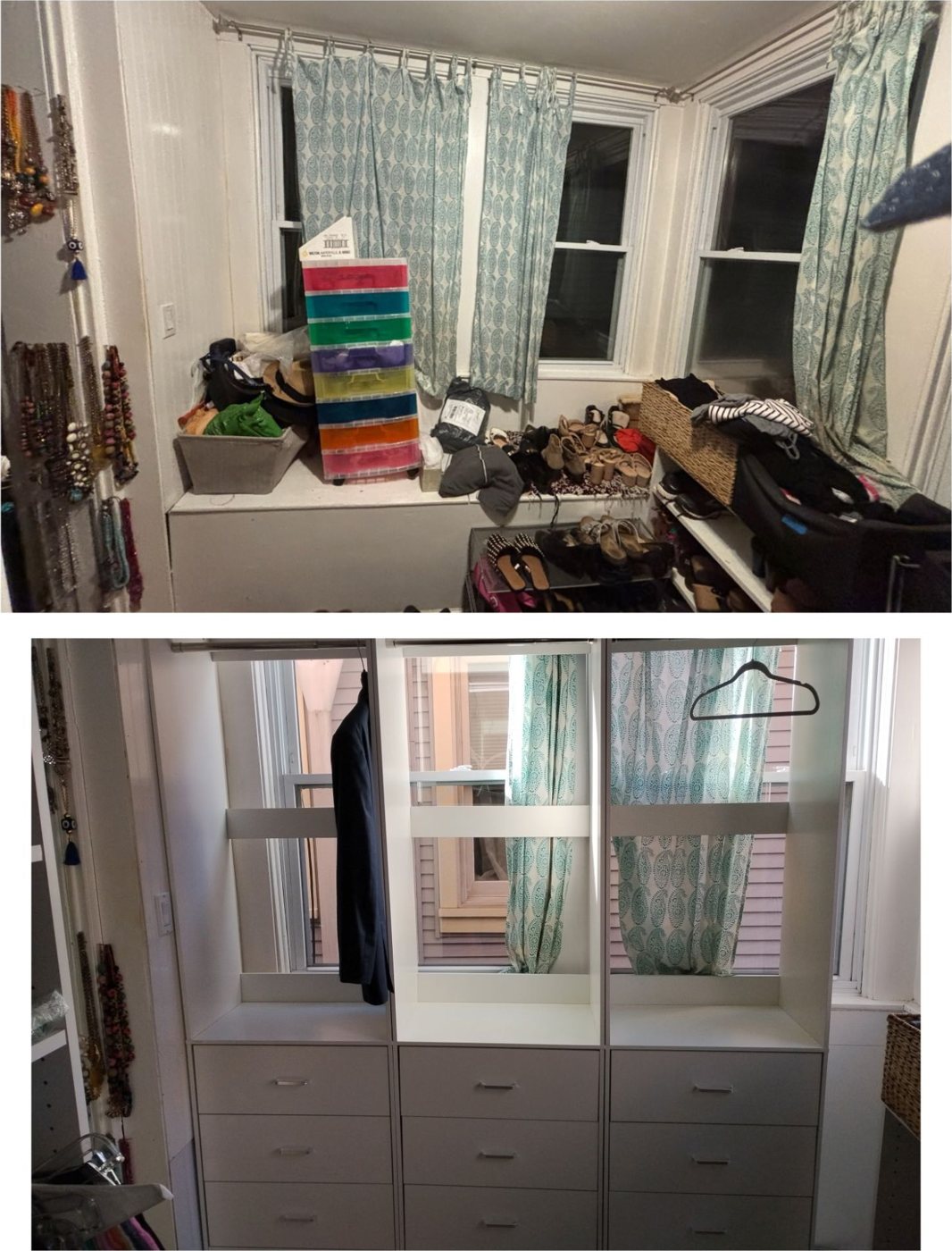 Cluttered room before and built-in closet system after