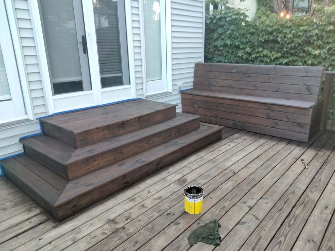 Deck, steps and built-in bench freshly stained
