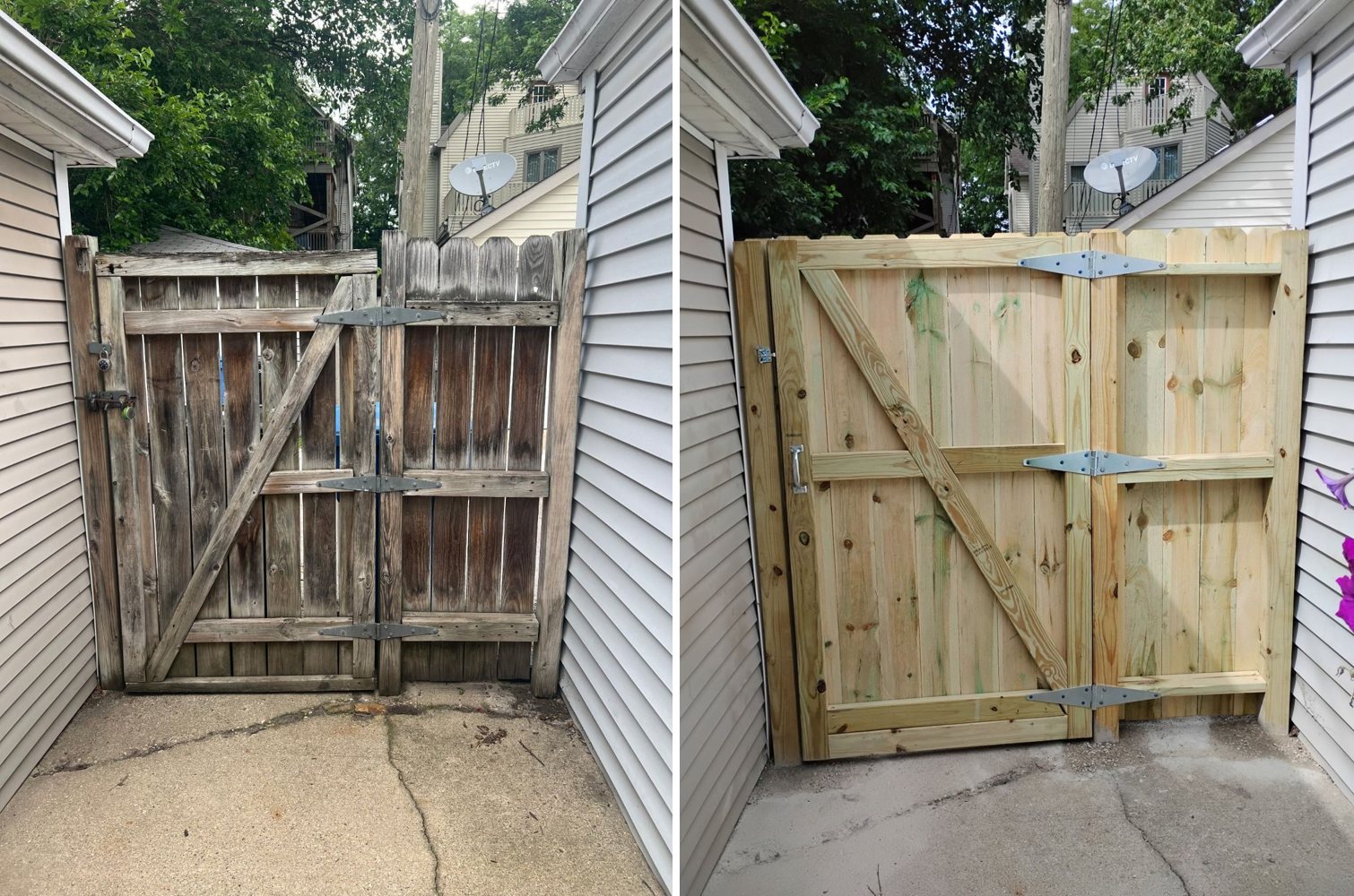 Weathered wooden gate before and new wooden gate after