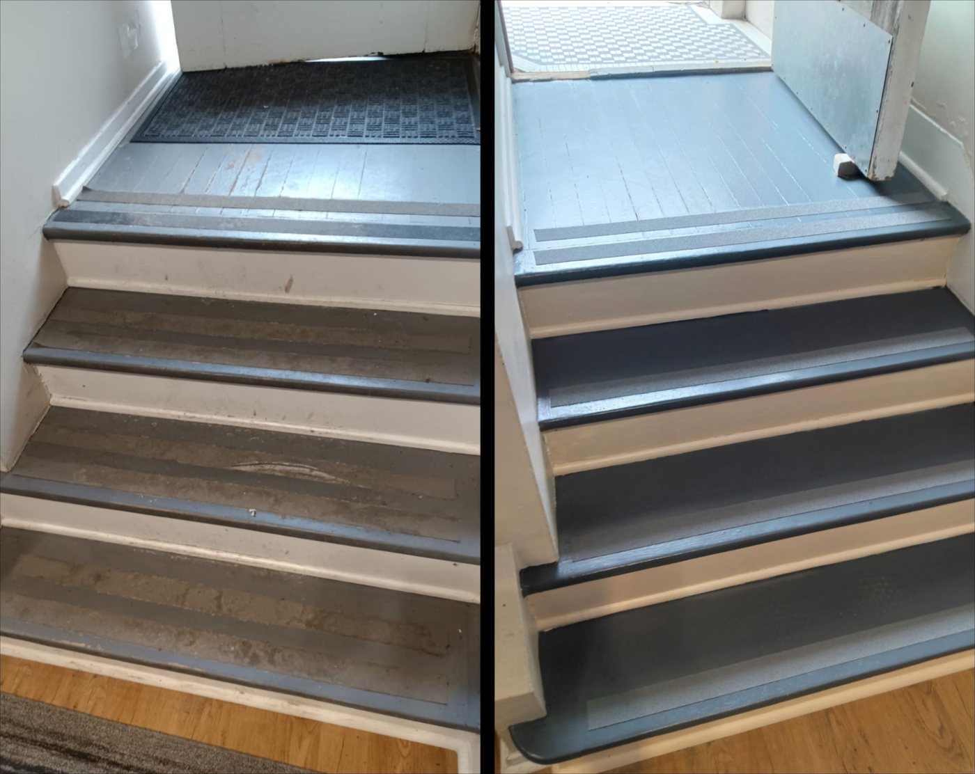Worn interior stairs before and after repainting with new grip strips