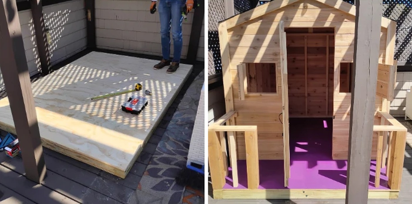 Cedar playhouse built for two kids, with a plum-colored floor