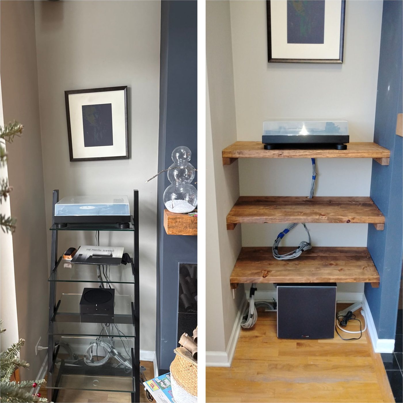Wooden shelves built into an alcove