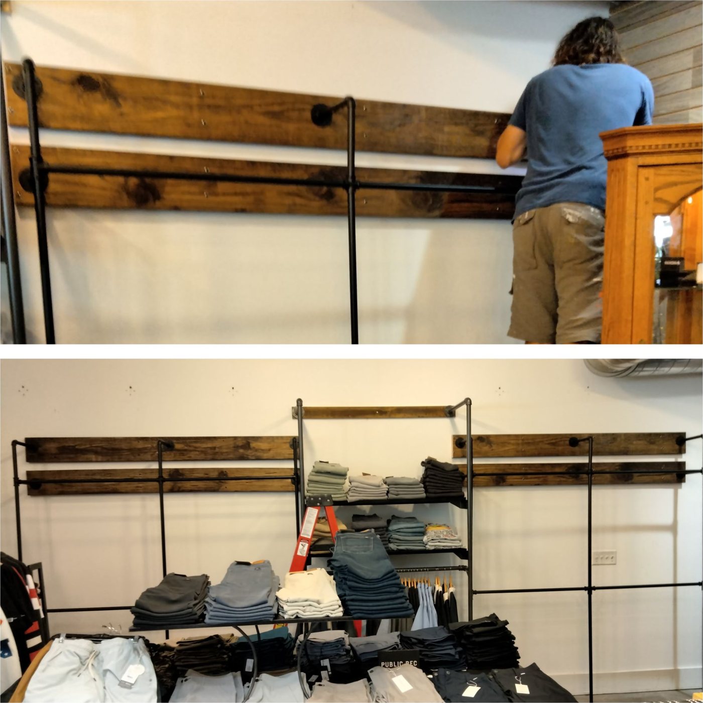 Wall-mounted pipe and wood display racks installed in a shop